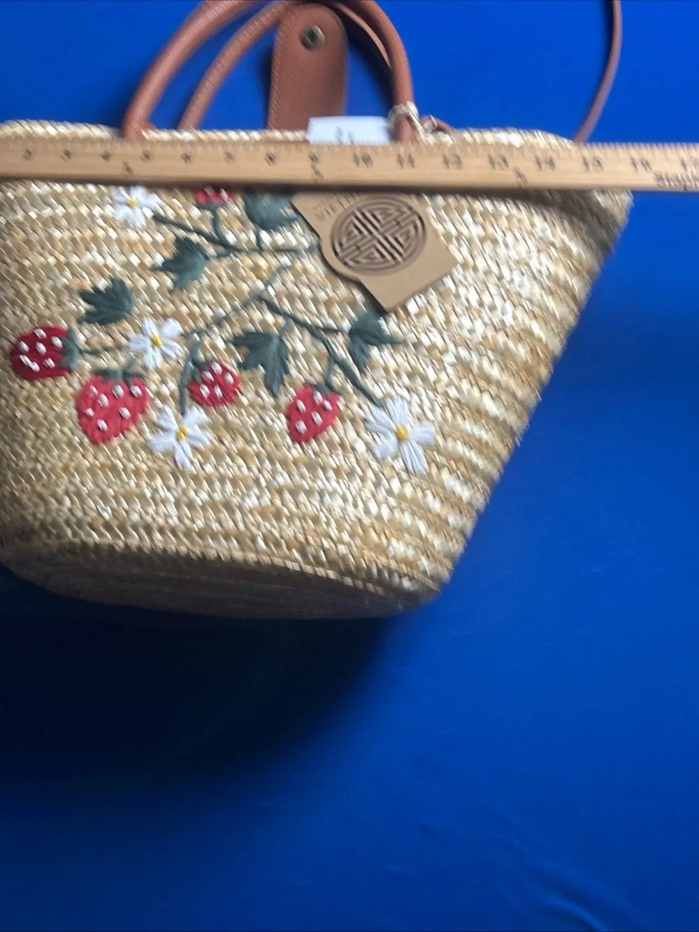 Source Unknown Straw Tote with Red Strawberry Embroidery and Tan Handles